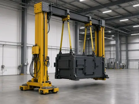 Yellow hydraulic gantry lifting a heavy machine inside a factory